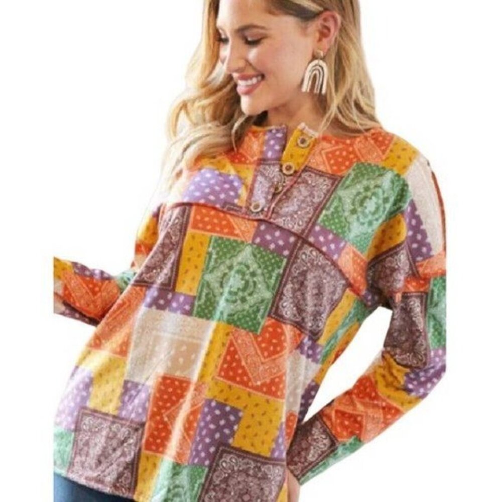 Multicolor Patchwork Button Down Terry Outseam To… - image 1